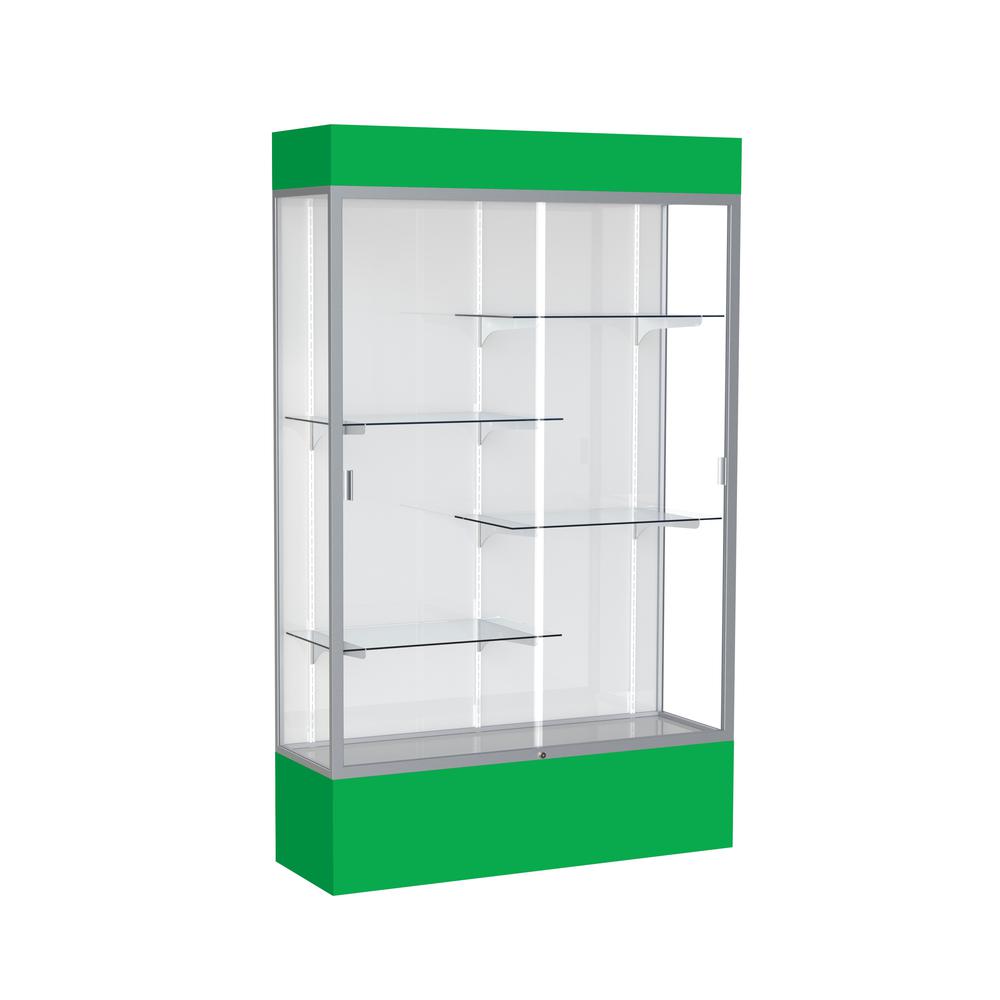 Spirit  48"W x 80"H x 16"D  Lighted Floor Case, White Back, Satin Finish, Kelly Green Base and Top