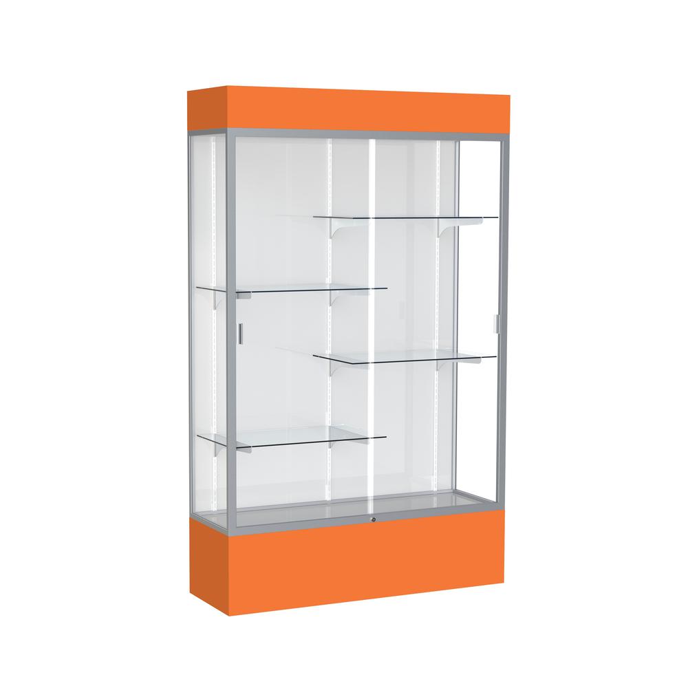 Spirit  48"W x 80"H x 16"D  Lighted Floor Case, White Back, Satin Finish, Orange Base and Top