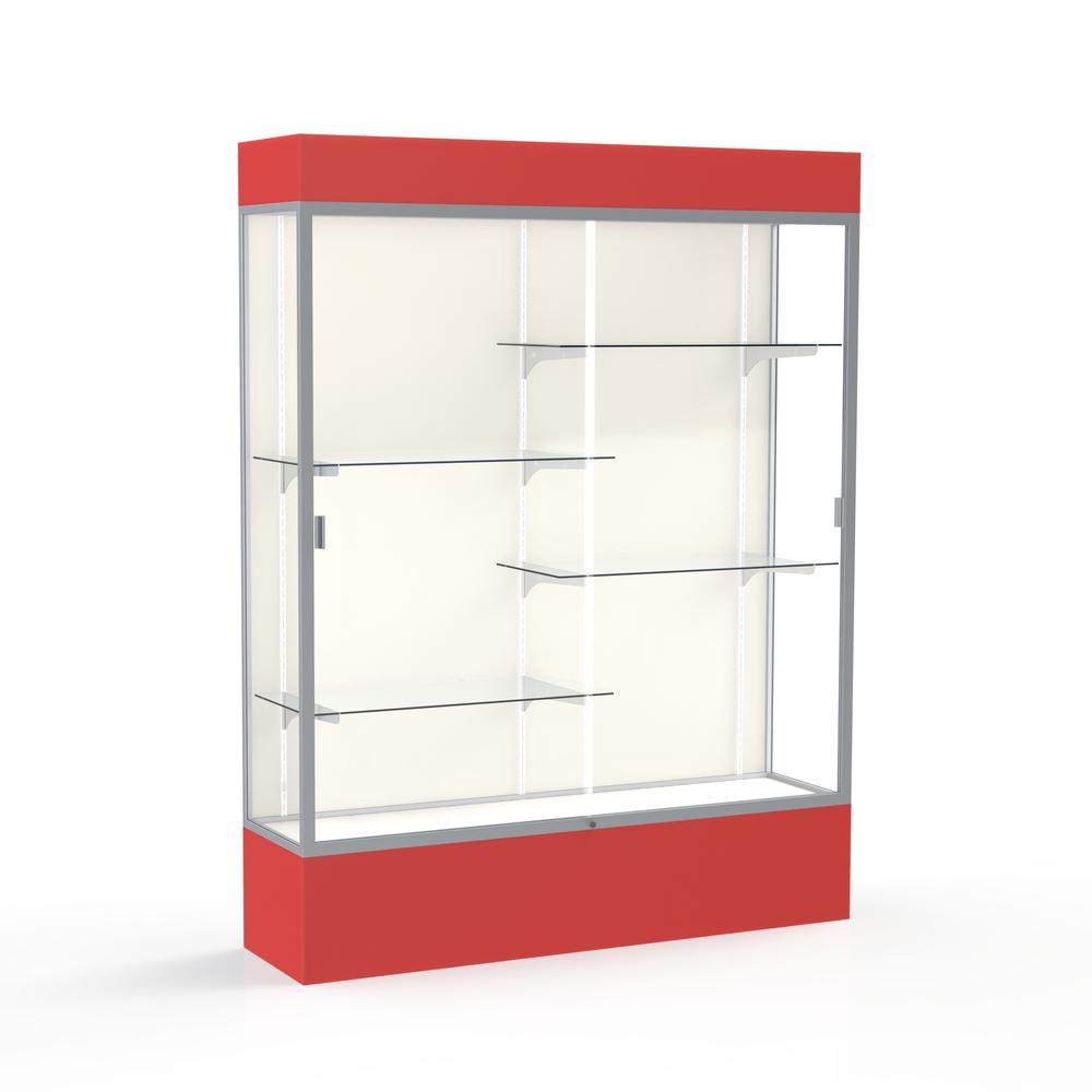 Spirit  60"W x 80"H x 16"D  Lighted Floor Case, Plaque Back, Satin Finish, Red Base and Top