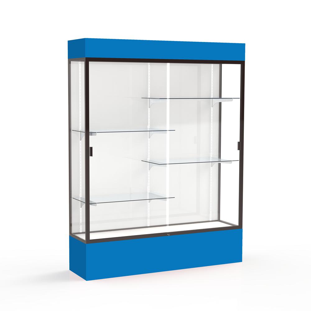 Spirit  60"W x 80"H x 16"D  Lighted Floor Case, White Back, Dk. Bronze Finish, Royal Blue Base and Top