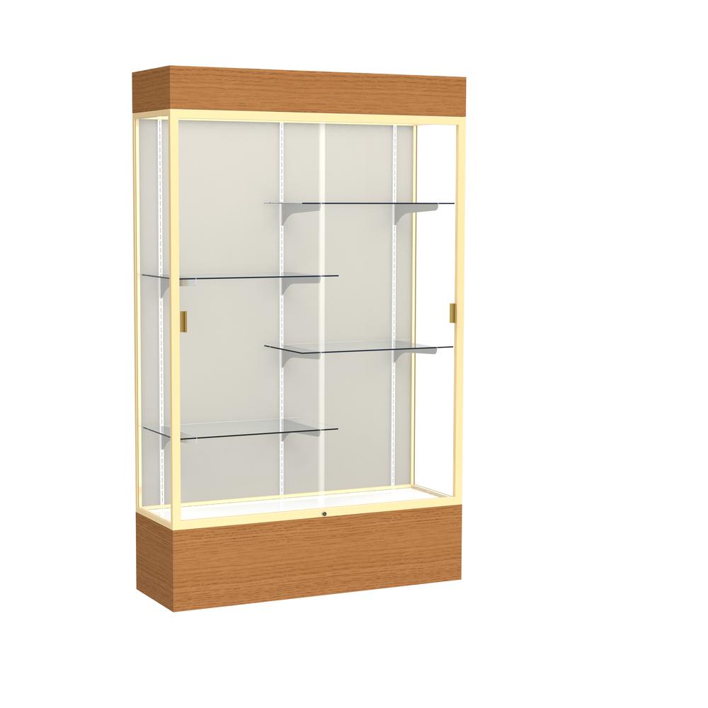 Reliant   48"W x 80"H x 16"D  Lighted Floor Case, Plaque Back, Champagne Finish,  Carmel Oak Base