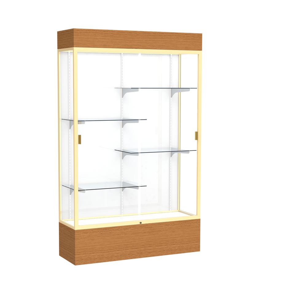 Reliant   48"W x 80"H x 16"D  Lighted Floor Case, White Back, Champagne Finish,  Carmel Oak Base