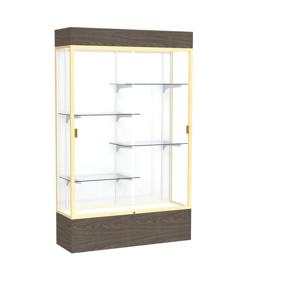 Reliant   48"W x 80"H x 16"D  Lighted Floor Case, White Back, Champagne Finish,  Walnut Vinyl Base