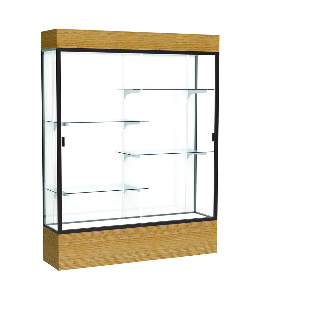 Reliant   60"W x 80"H x 16"D  Lighted Floor Case, White Back, Dk. Bronze Finish,  Natural Oak Base