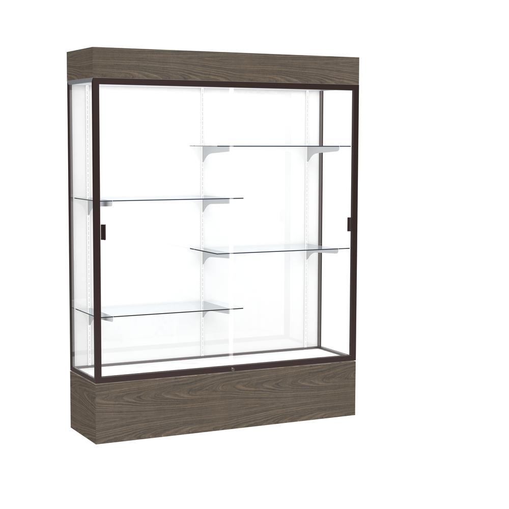 Reliant   60"W x 80"H x 16"D  Lighted Floor Case, White Back, Dk. Bronze Finish,  Walnut Vinyl Base