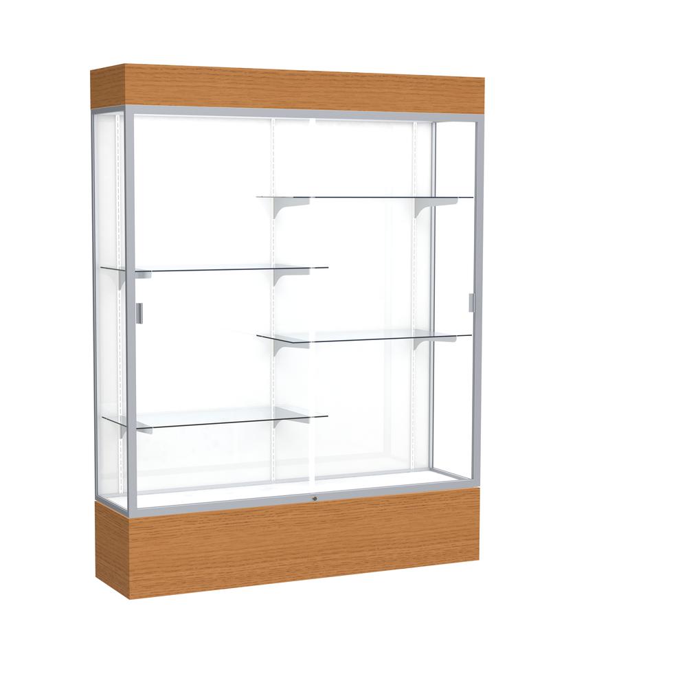 Reliant   60"W x 80"H x 16"D  Lighted Floor Case, White Back, Satin Finish,  Carmel Oak Base