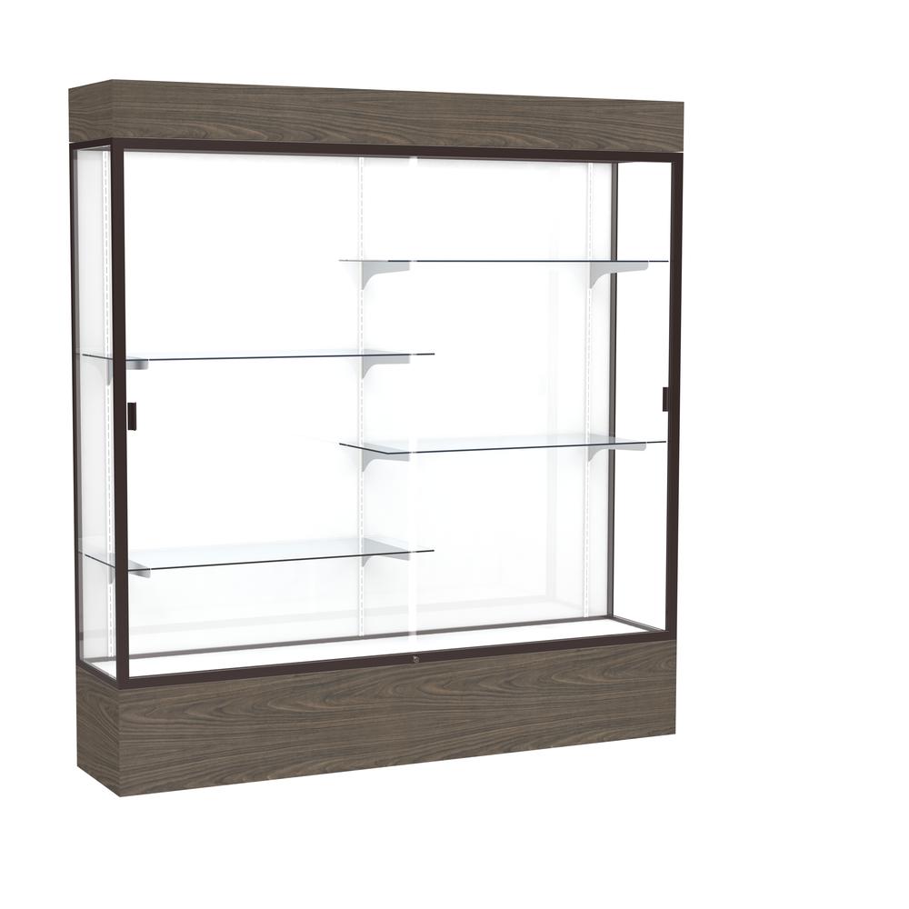 Reliant   72"W x 80"H x 16"D  Lighted Floor Case, White Back, Dk. Bronze Finish,  Walnut Vinyl Base