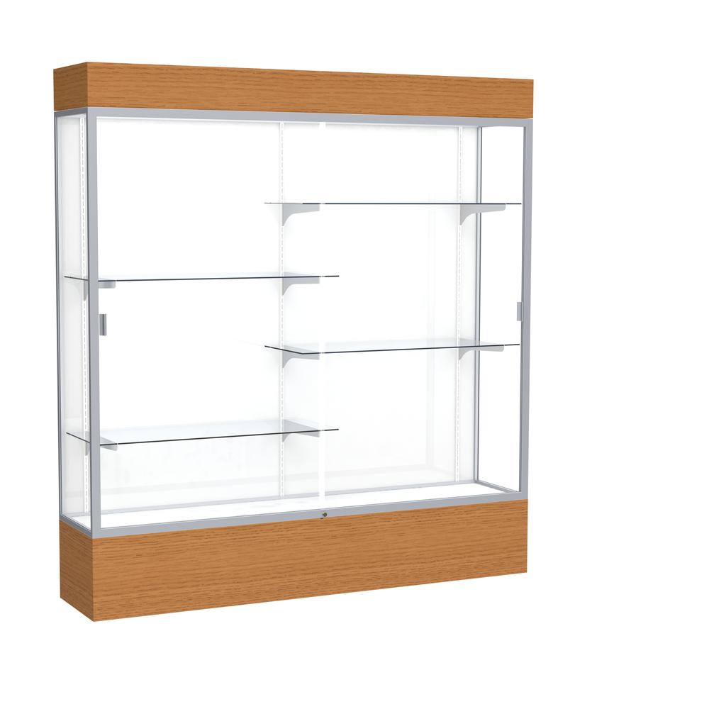 Reliant   72"W x 80"H x 16"D  Lighted Floor Case, White Back, Satin Finish,  Carmel Oak Base