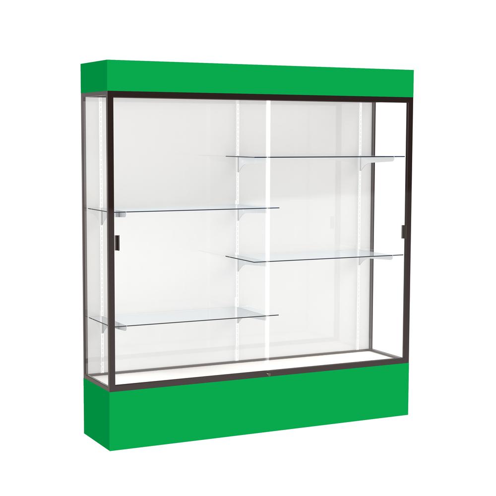 Spirit  72"W x 80"H x 16"D  Lighted Floor Case, White Back, Dk. Bronze Finish, Kelly Green Base and Top