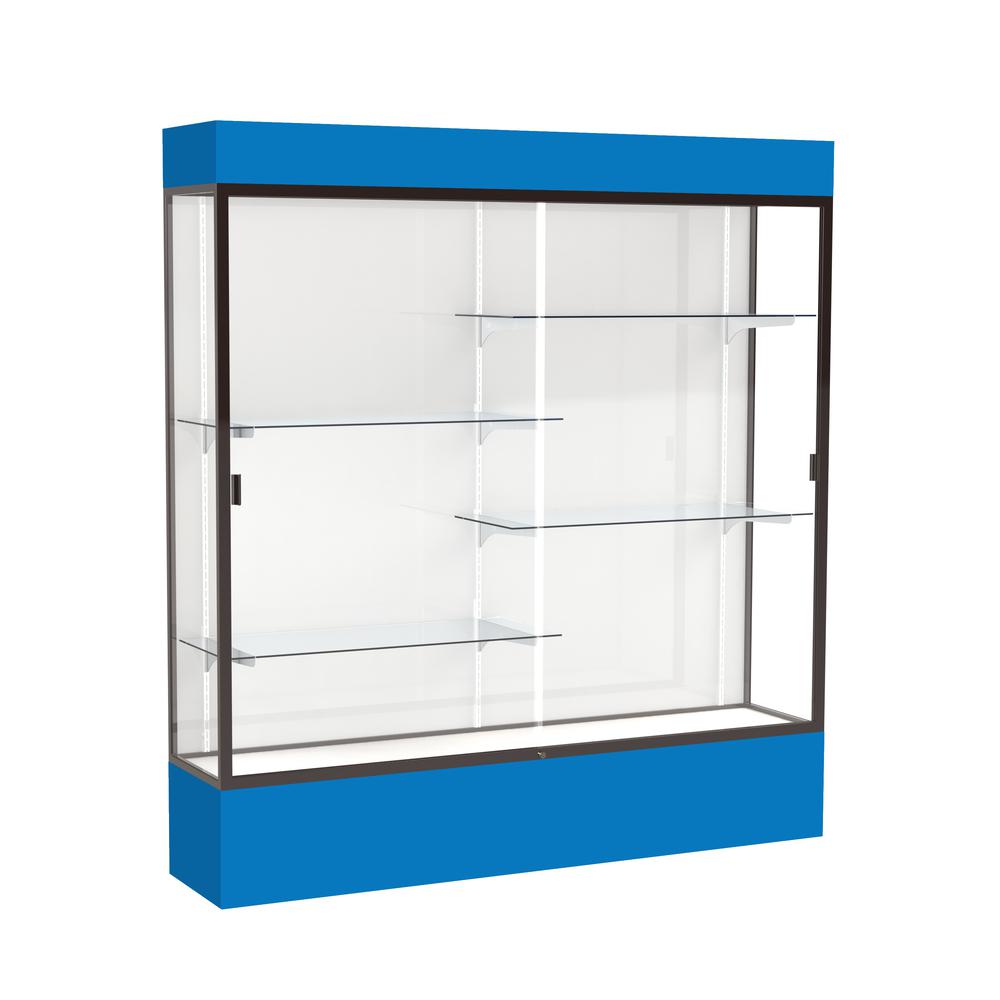 Spirit  72"W x 80"H x 16"D  Lighted Floor Case, White Back, Dk. Bronze Finish, Royal Blue Base and Top