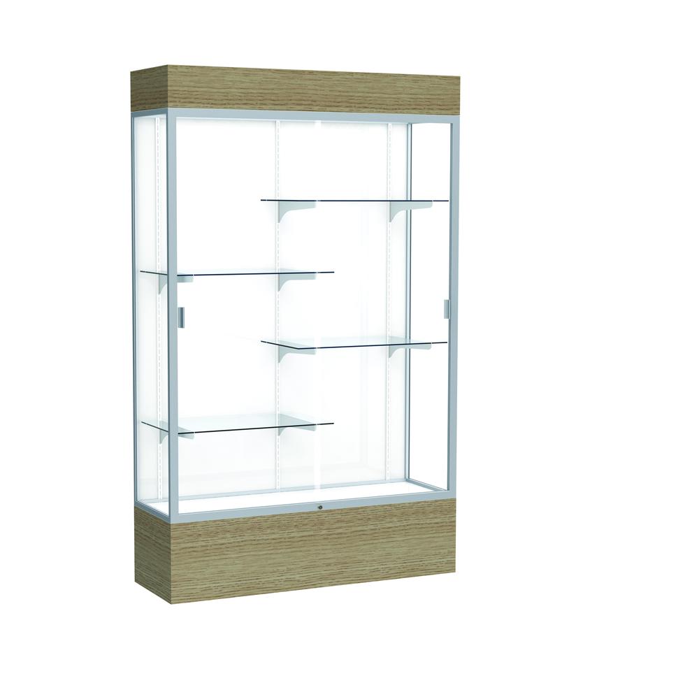 Reliant   48"W x 80"H x 16"D  Lighted Floor Case, White Back, Satin Finish,  Driftwood Base