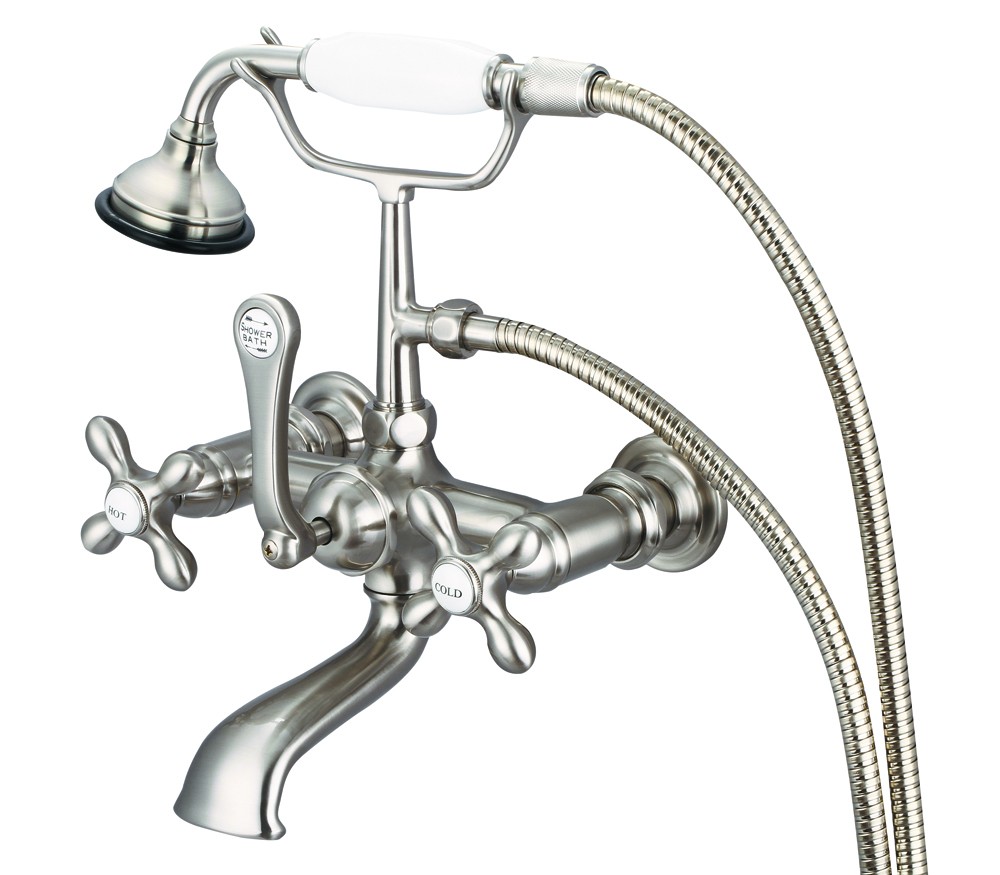 7" Spread Wall Mount Tub Faucet With Straight Wall Connector & Handheld Shower, Brushe