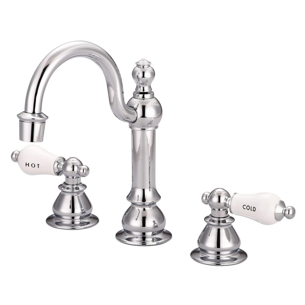 American 20th Century Classic Widespread Lavatory F2-0012 Faucets With Pop-Up Drain in Chrome Finish With Porcelain Lever Handle