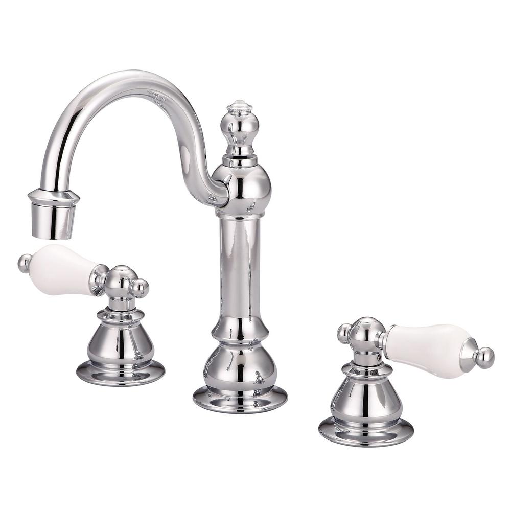 American 20th Century Classic Widespread Lavatory F2-0012 Faucets With Pop-Up Drain in Chrome Finish With Porcelain Lever Handle