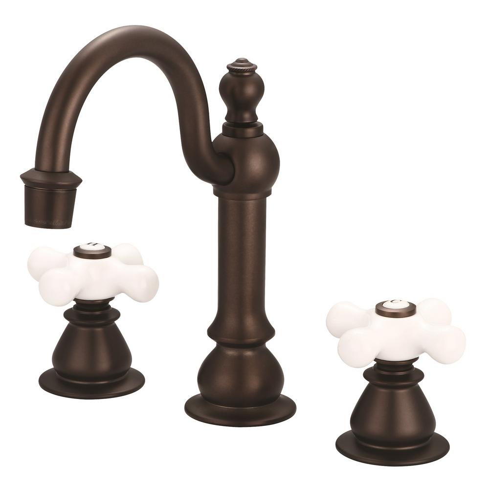American 20th Century Classic Widespread Lavatory F2-0012 Faucets With Pop-Up Drain in Oil-rubbed Bronze Finish With Porcelain C