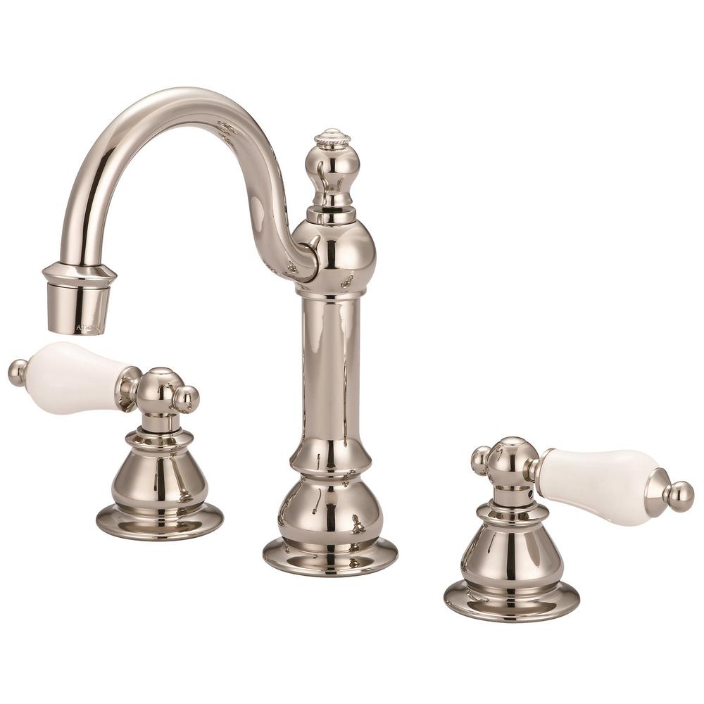 American 20th Century Classic Widespread Lavatory F2-0012 Faucets With Pop-Up Drain in Polished Nickel (PVD) Finish With Porcela