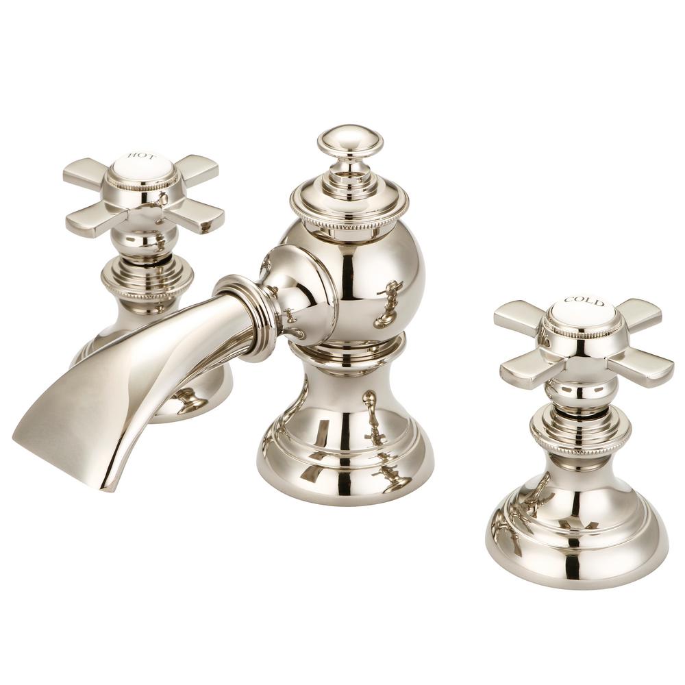 Modern Classic Widespread Lavatory F2-0013 Faucets With Pop-Up Drain in Polished Nickel (PVD) Finish With Flat Cross Handles