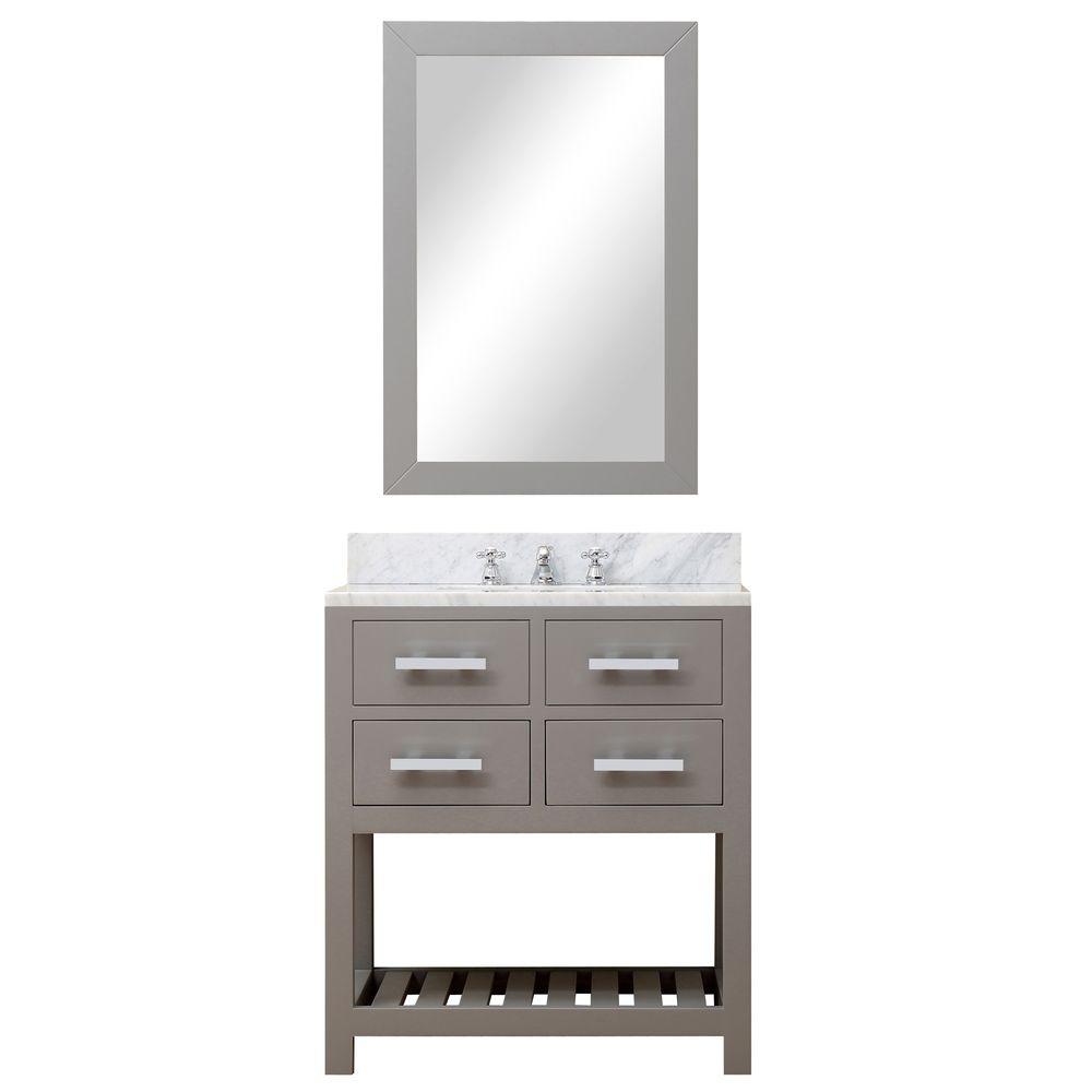 30 Inch Cashmere Grey Single Sink Bathroom Vanity With Matching Framed Mirror And Faucet From The Madalyn Collection