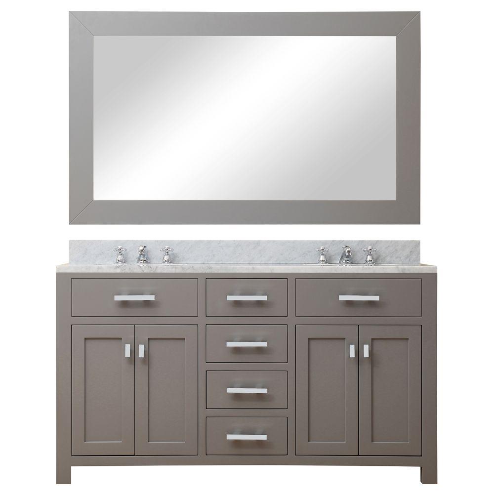 60 Inch Cashmere Grey Double Sink Bathroom Vanity With Matching Framed Mirror And Faucet From The Madison Collection