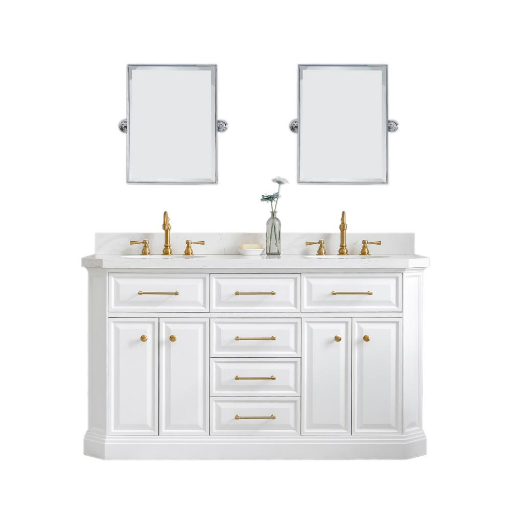 60" Palace Collection Quartz Carrara Pure White Bathroom Vanity Set With Hardware in Satin Gold Finish And Only Mirrors in Chrom