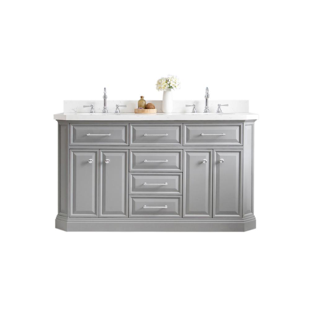 60" Palace Collection Quartz Carrara Cashmere Grey Bathroom Vanity Set With Hardware And F2-0012 Faucets in Chrome Finish