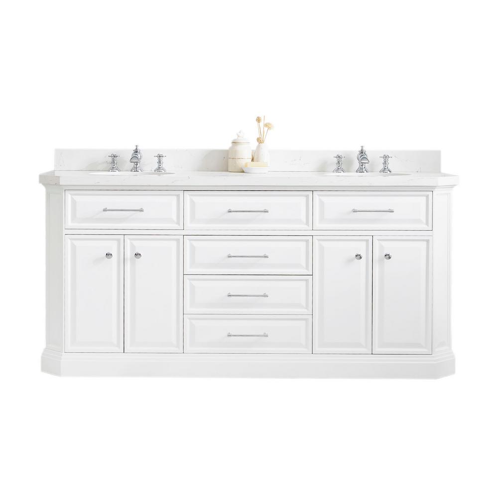 72" Palace Collection Quartz Carrara Pure White Bathroom Vanity Set With Hardware And F2-0013 Faucets in Chrome Finish