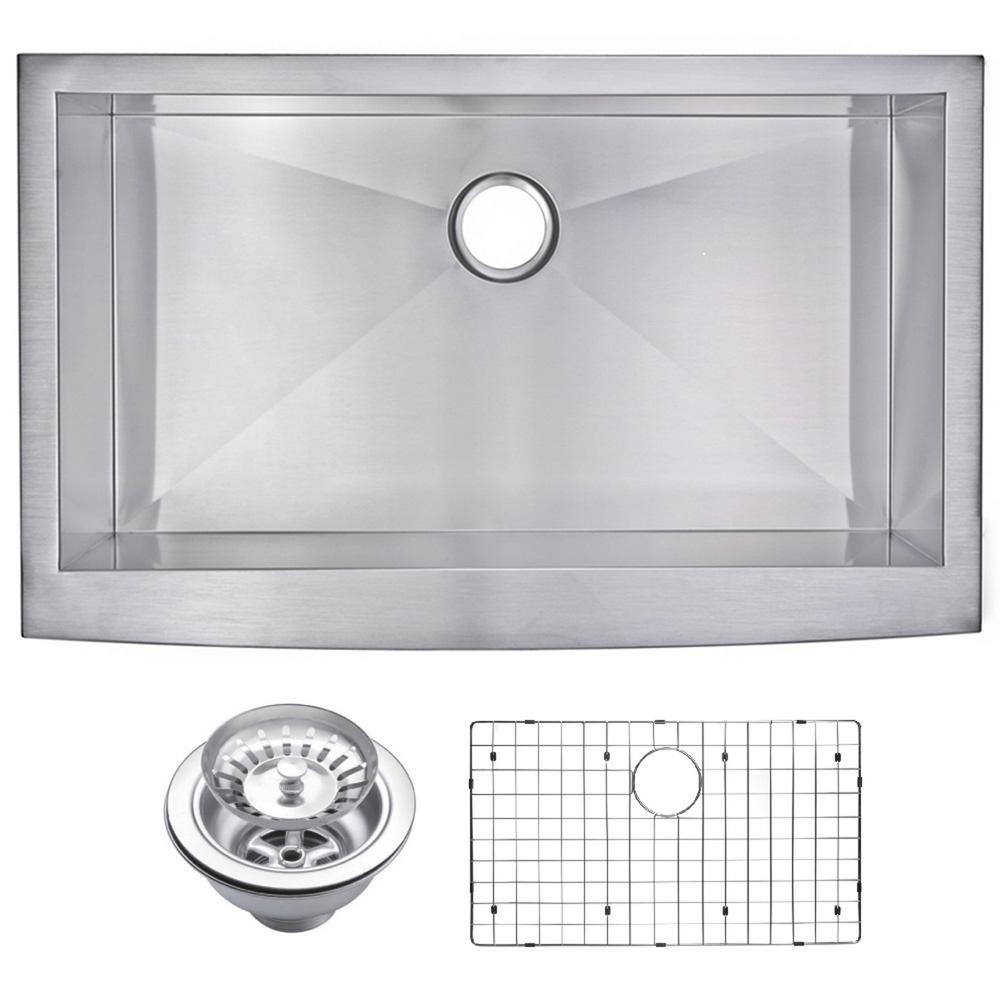 36 Inch X 22 Inch Zero Radius Single Bowl Stainless Steel Hand Made Apron Front Kitchen Sink With Drain, Strainer, And Bottom Gr