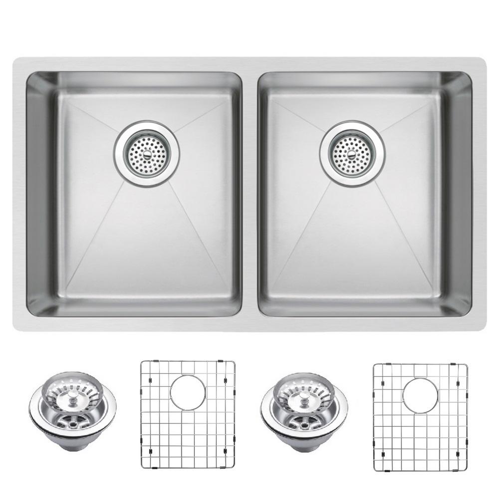31 Inch X 18 Inch 50/50 Double Bowl Stainless Steel Hand Made Undermount Kitchen Sink With Coved Corners, Drains, Strainers, And