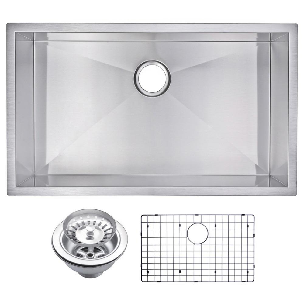 32 Inch X 19 Inch Zero Radius Single Bowl Stainless Steel Hand Made Undermount Kitchen Sink With Drain, Strainer, And Bottom Gri