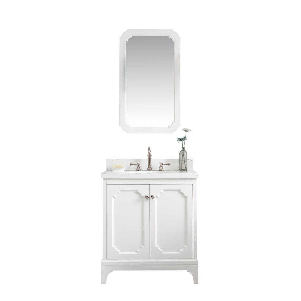 Queen 30-Inch Single Sink Quartz Carrara Vanity In Pure White With Matching Mirror(s) and F2-0012-05-TL Lavatory Faucet(s)