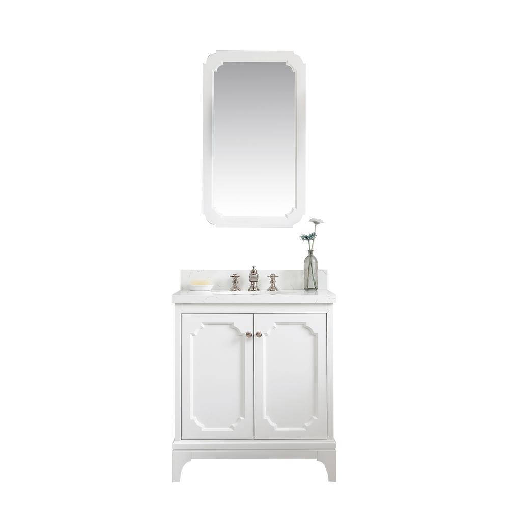 Queen 30-Inch Single Sink Quartz Carrara Vanity In Pure White With Matching Mirror(s) and F2-0013-05-FX Lavatory Faucet(s)