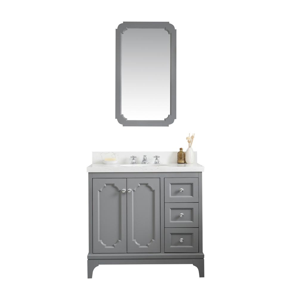 Queen 36-Inch Single Sink Quartz Carrara Vanity In Cashmere Grey With Matching Mirror(s)
