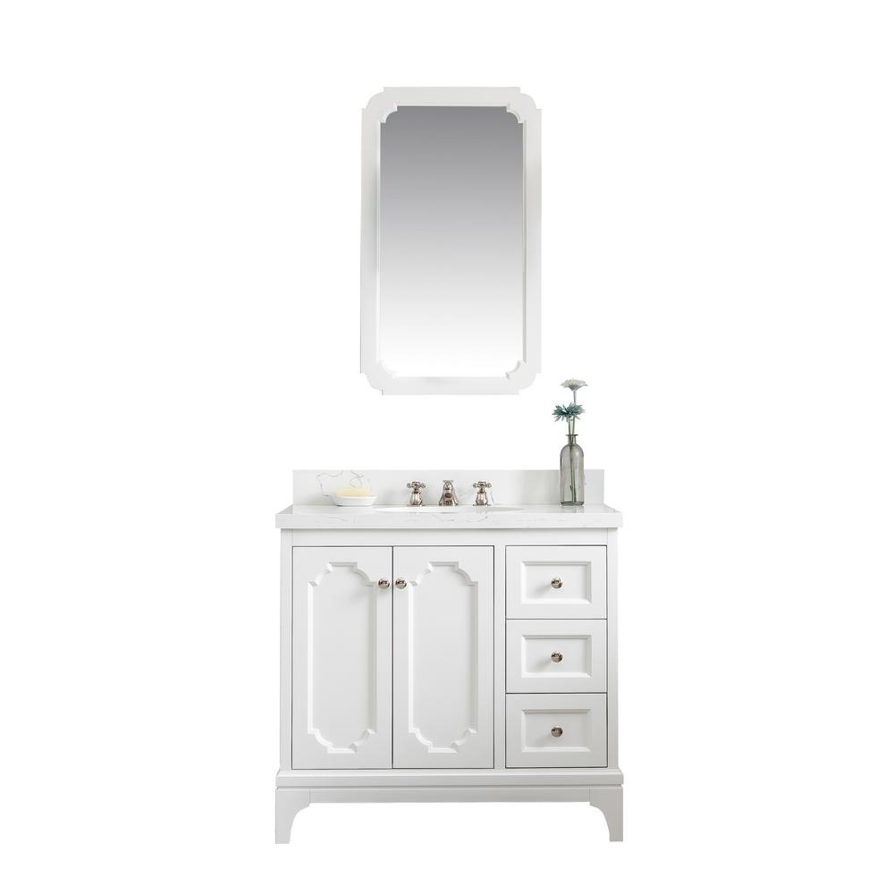 Queen 36-Inch Single Sink Quartz Carrara Vanity In Pure White With Matching Mirror(s) and F2-0009-05-BX Lavatory Faucet(s)