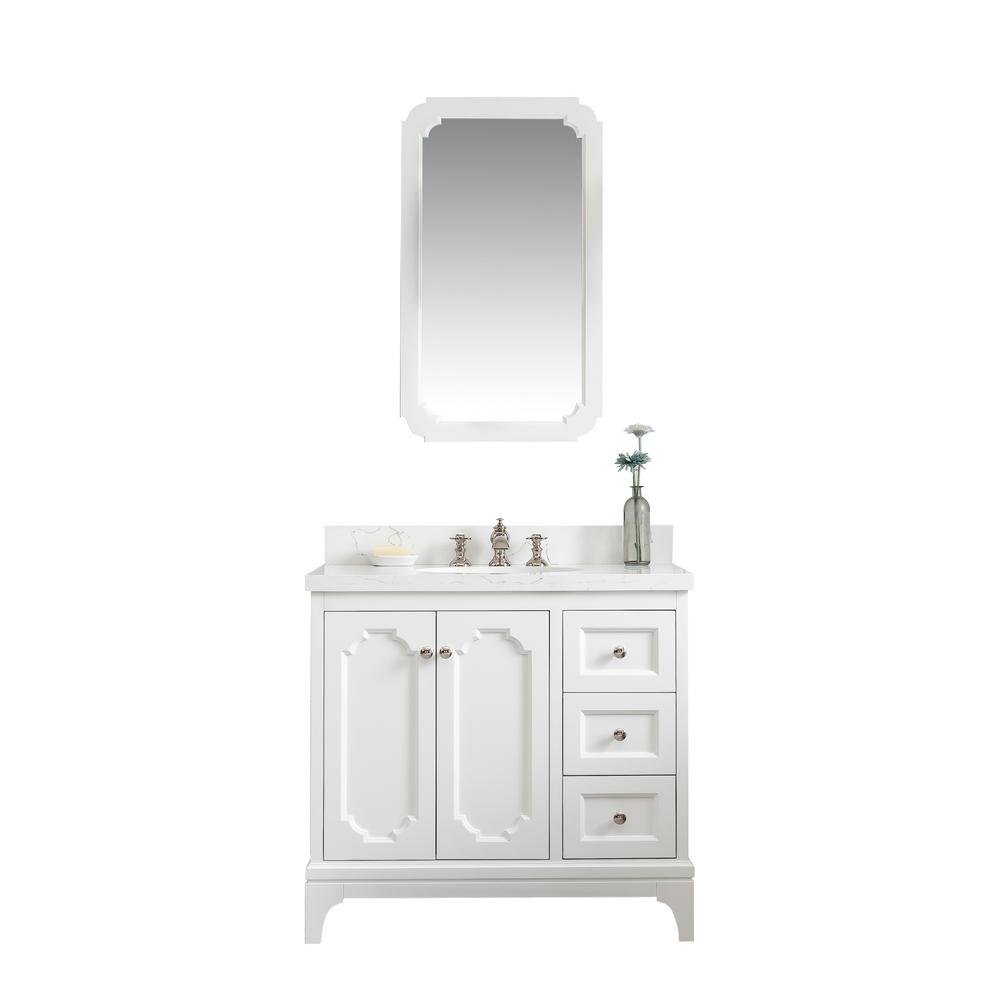 Queen 36-Inch Single Sink Quartz Carrara Vanity In Pure White With F2-0013-05-FX Lavatory Faucet(s)