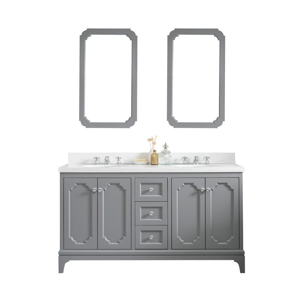 Queen 60-Inch Double Sink Quartz Carrara Vanity In Cashmere Grey With F2-0009-01-BX Lavatory Faucet(s)