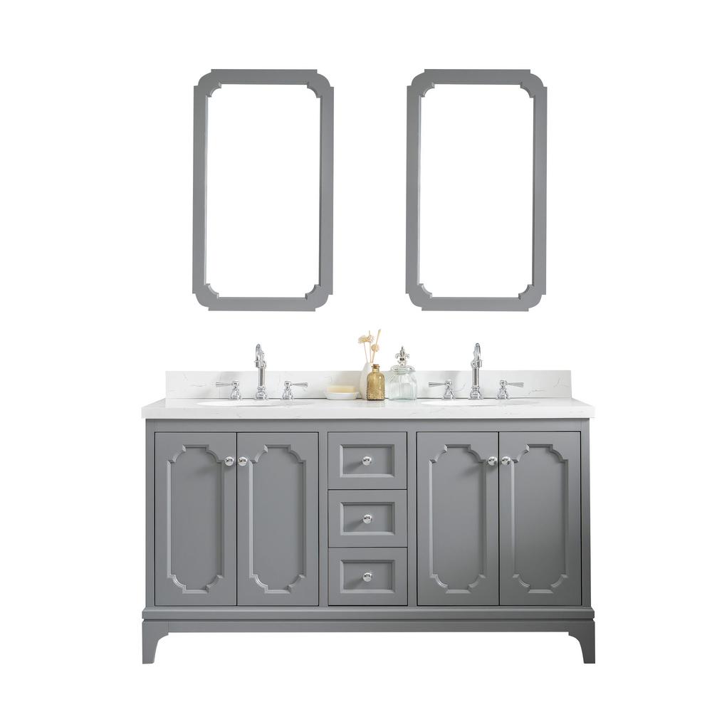 Queen 60-Inch Double Sink Quartz Carrara Vanity In Cashmere Grey With F2-0012-01-TL Lavatory Faucet(s)