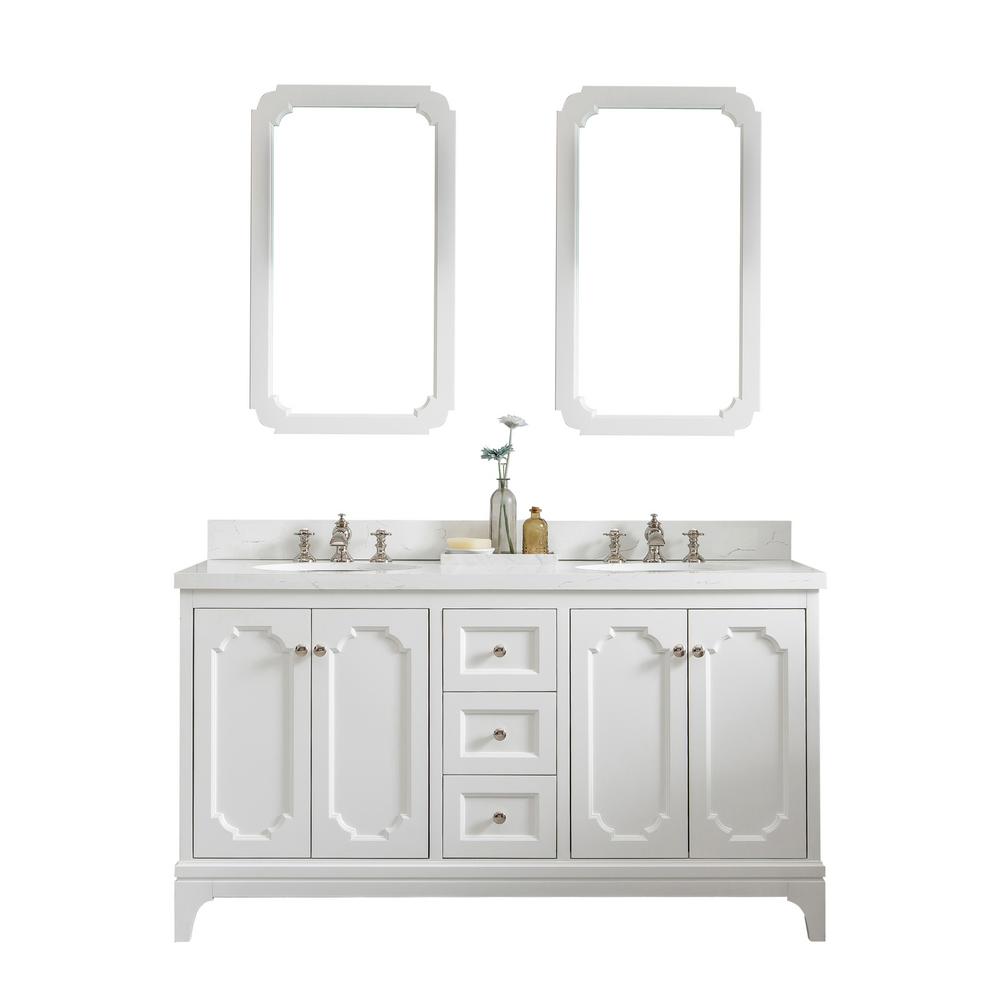Queen 60-Inch Double Sink Quartz Carrara Vanity In Pure White With F2-0013-05-FX Lavatory Faucet(s)