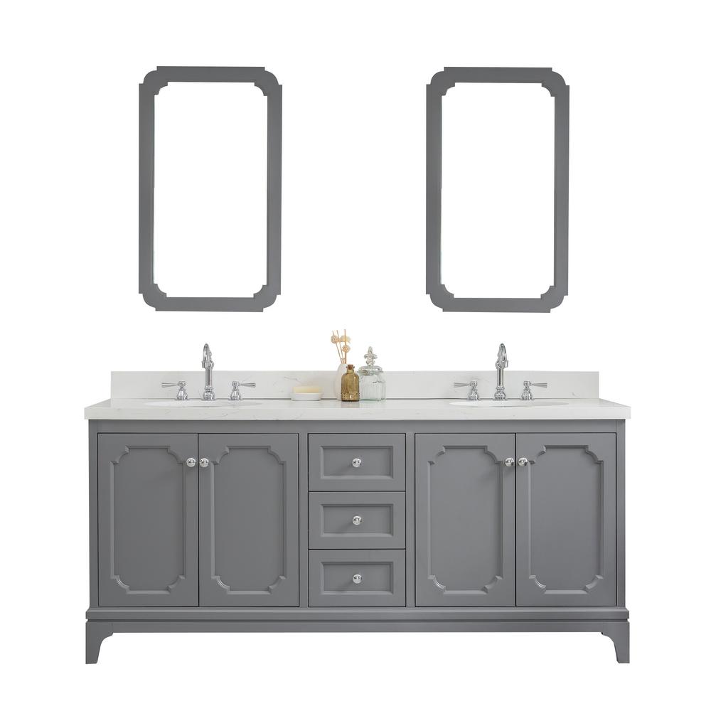 Queen 72-Inch Double Sink Quartz Carrara Vanity In Cashmere Grey With F2-0012-01-TL Lavatory Faucet(s)