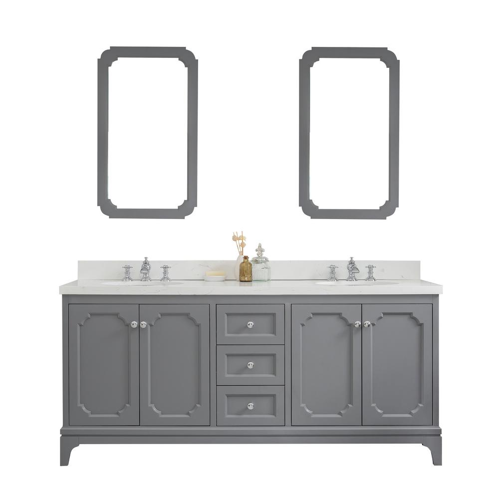 Queen 72-Inch Double Sink Quartz Carrara Vanity In Cashmere Grey With F2-0013-01-FX Lavatory Faucet(s)