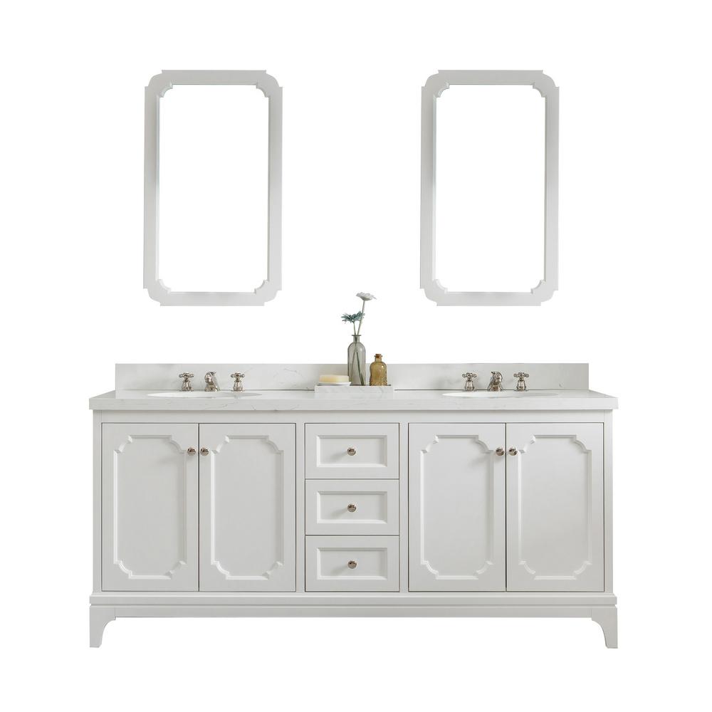 Queen 72-Inch Double Sink Quartz Carrara Vanity In Pure White With F2-0009-05-BX Lavatory Faucet(s)