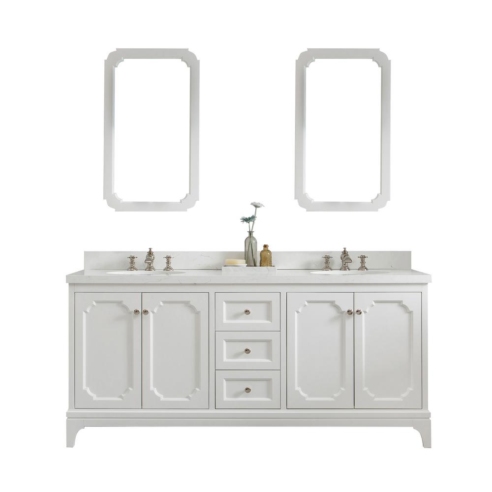 Queen 72-Inch Double Sink Quartz Carrara Vanity In Pure White With F2-0013-05-FX Lavatory Faucet(s)