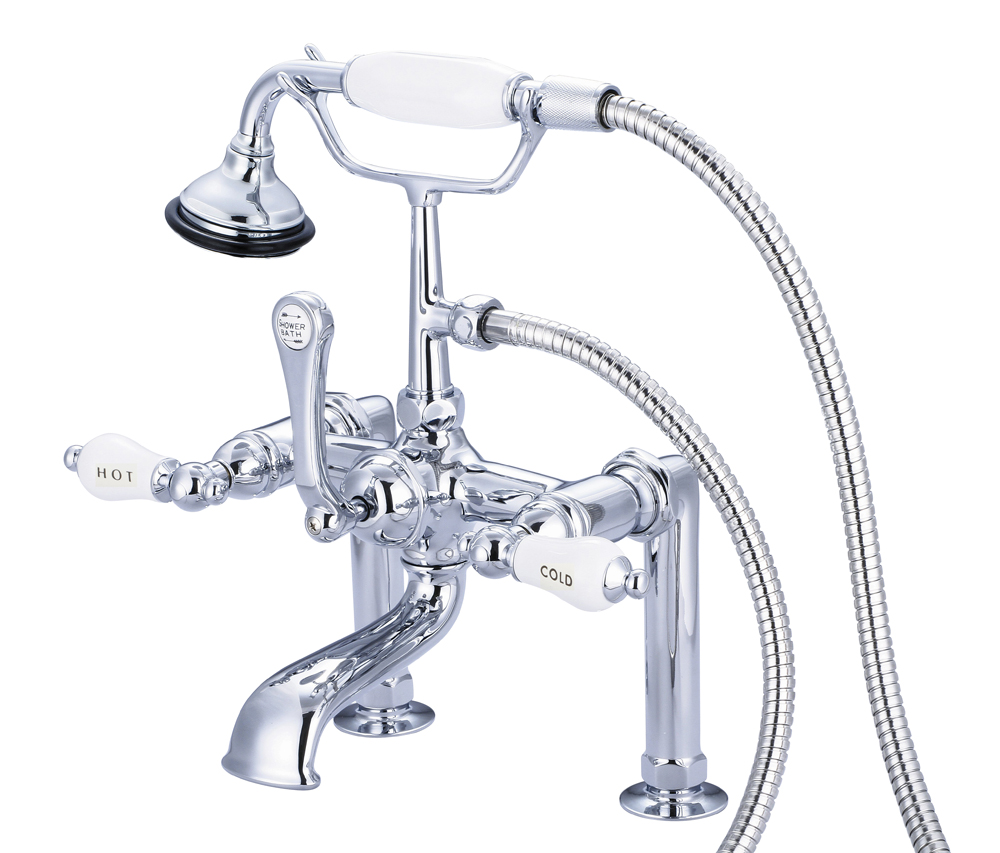 7" Spread Deck Mount Tub Faucet With 6" Risers & Handheld Shower, Hand Polished, Rich