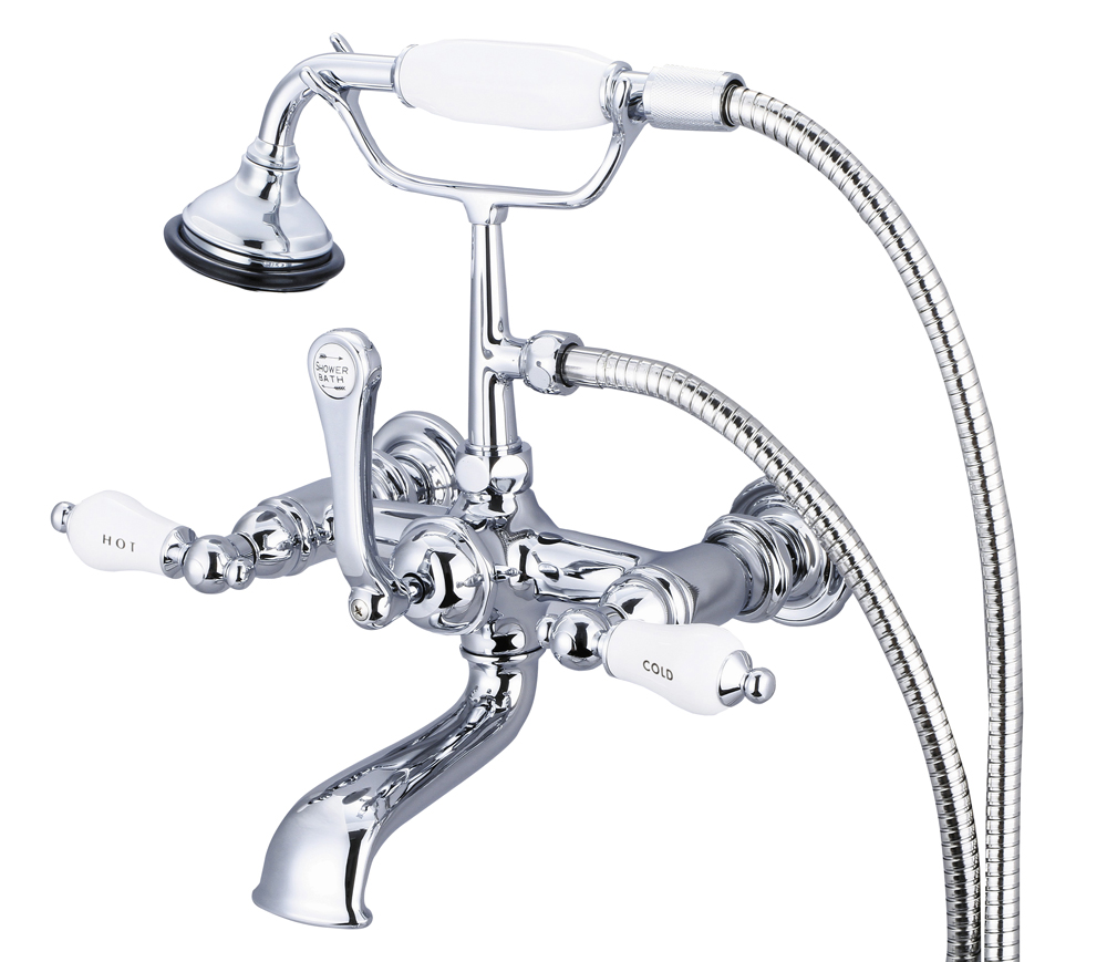 7" Spread Wall Mount Tub Faucet With Straight Wall Connector & Handheld Shower, Hand P