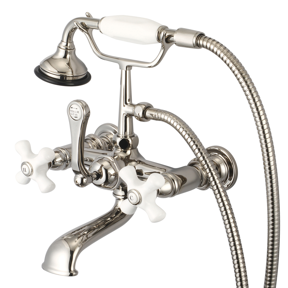 7" Spread Wall Mount Tub Faucet With Straight Wall Connector & Handheld Shower, Polish