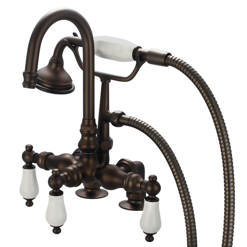 3-3/8" Center Deck Mount Tub Faucet With Gooseneck Spout, 2" Risers & Handheld Shower,