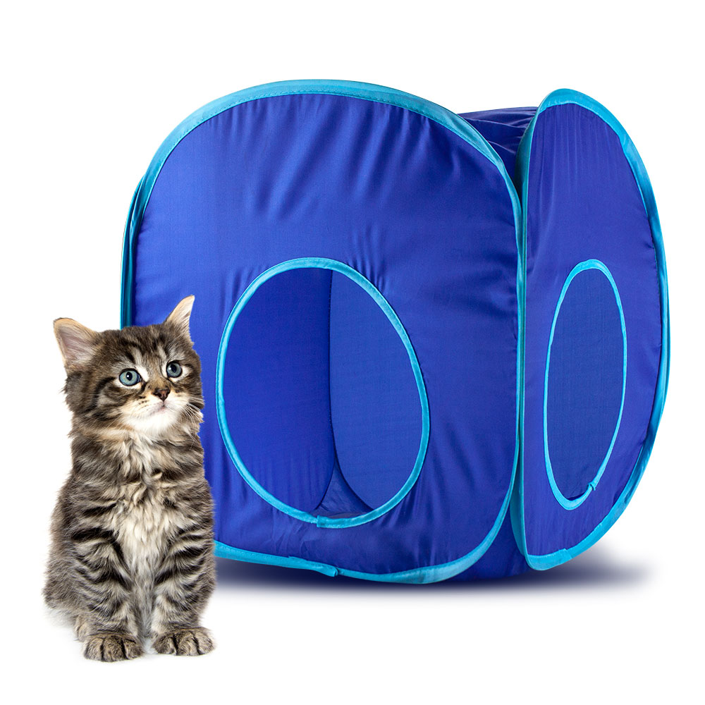 Blue Pop-Up Cat Play Cube with Storage Bag