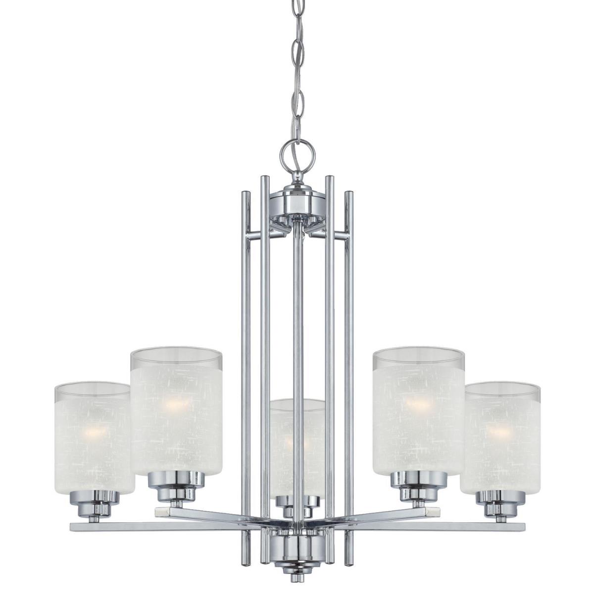 5 Light Chandelier Chrome Finish with White Linen Glass and Translucent Band