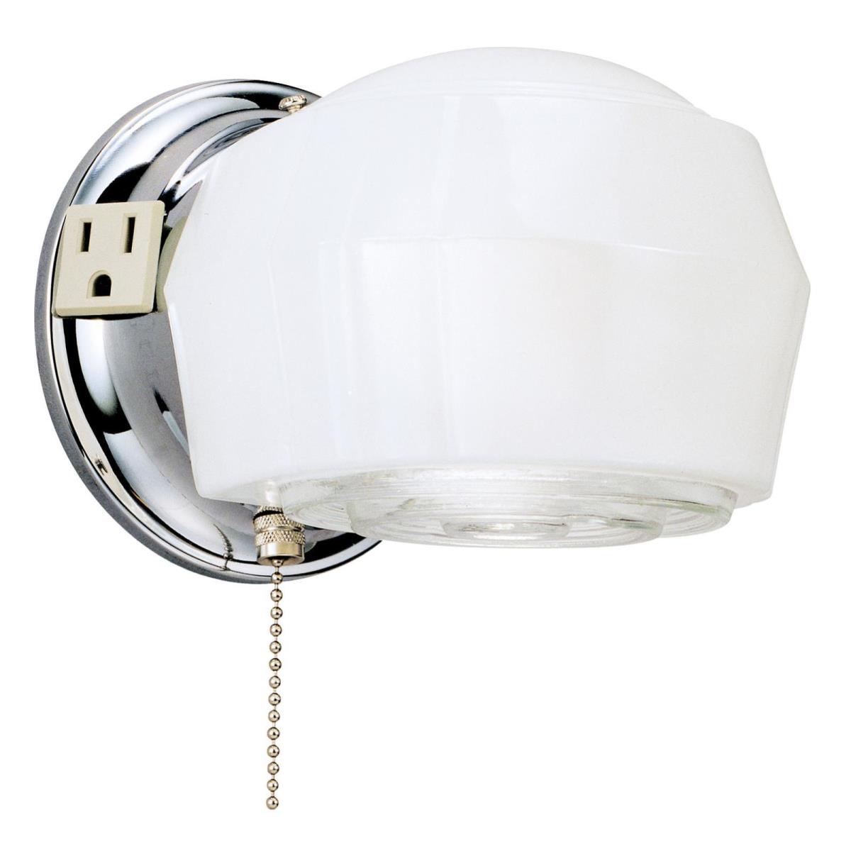 1 Light Wall with Ground Convenience Outlet and Pull Chain Chrome Finish Base with White and Crystal Glass