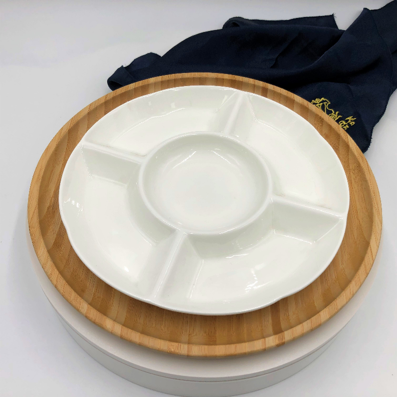 Bamboo and fine porcelain 5 section divided dish/plate setting