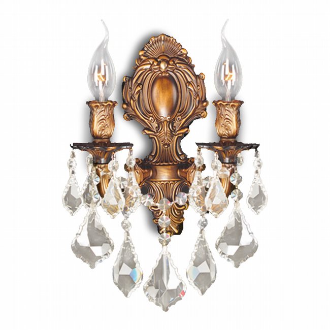 Versailles Collection 2 Light French Gold Finish & Golden Teak Crystal Candle Wall Sconce 12" W x 13" H Medium